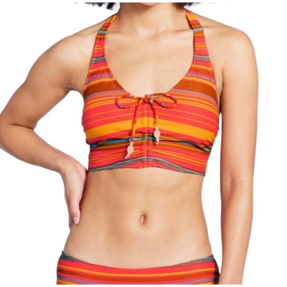 NEW Wild Fable Drawstring Ruched Halter Longline Red Striped Bikini Top S - Picture 3 of 6